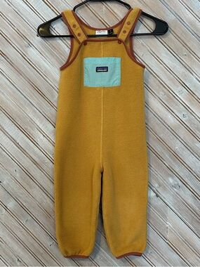 Patagonia Kids' Mustard Fleece Overalls with Mint Teal Pocket Orange Trim